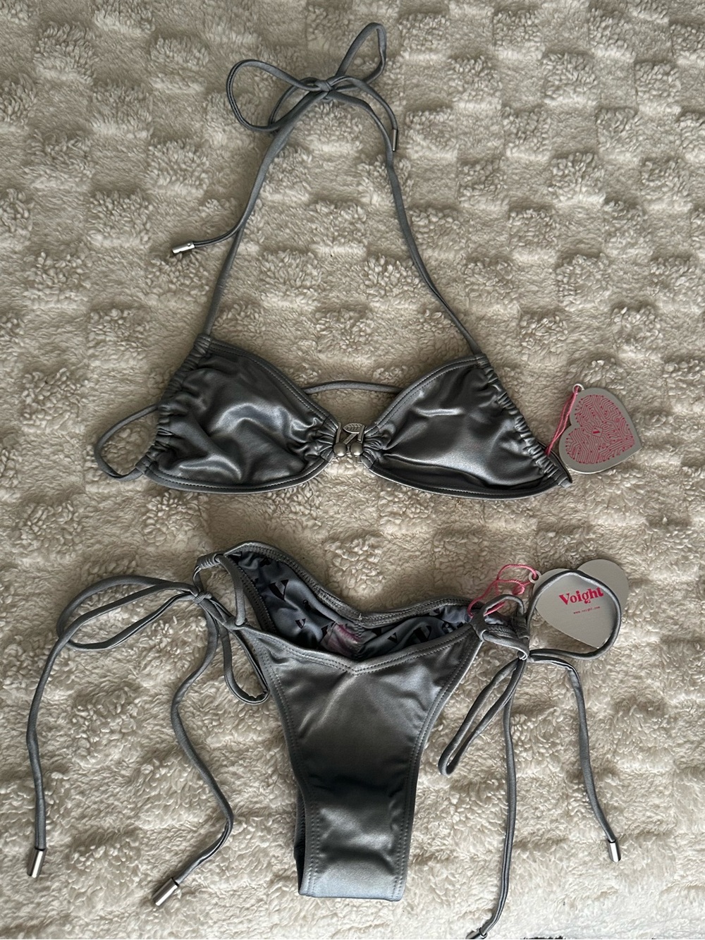 XS Voight Shiny Metallic Gray String Bikini Set